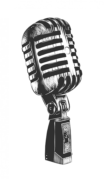 Vettore schizzo disegnato a mano del microfono in bianco e nero