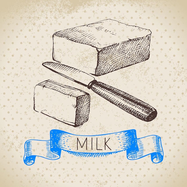 Hand drawn sketch milk products background Vector black and white vintage illustration of butter