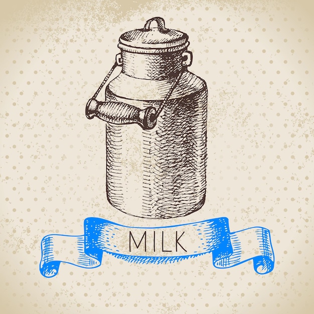 Hand drawn sketch milk products background Vector black and white vintage illustration of can