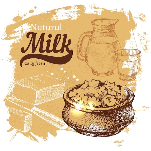 Hand drawn sketch milk products background vector vintage illustration