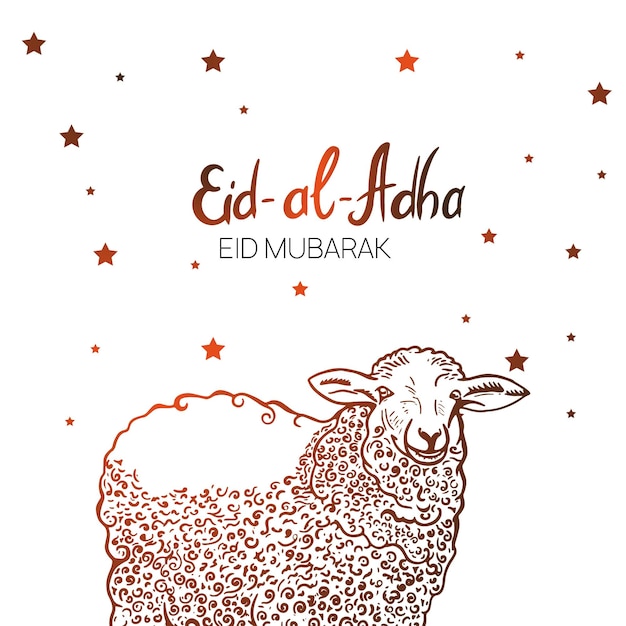 Eid-al-fitr의 축제 배너에 양 희생 동물의 손으로 그린 스케치. 이슬람 휴일에 벡터 일러스트 레이 션.