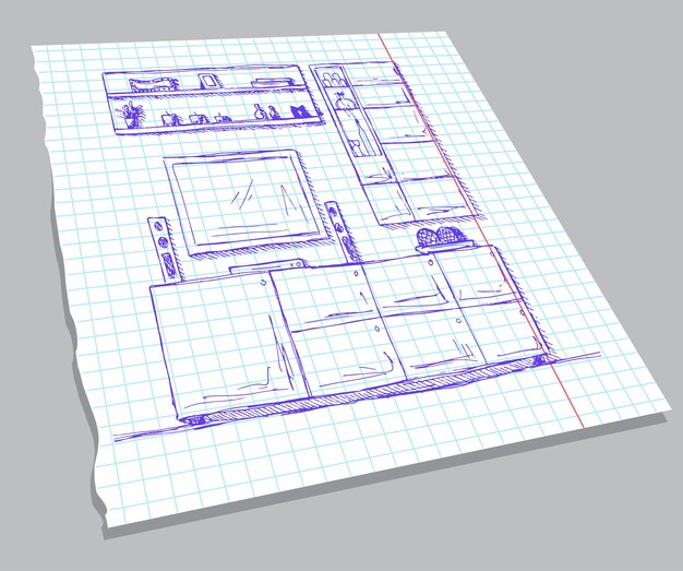 Ручной рисунок интерьера на листе блокнота линейный эскиз интерьера книжный шкаф с телевизором и полками векторная иллюстрация