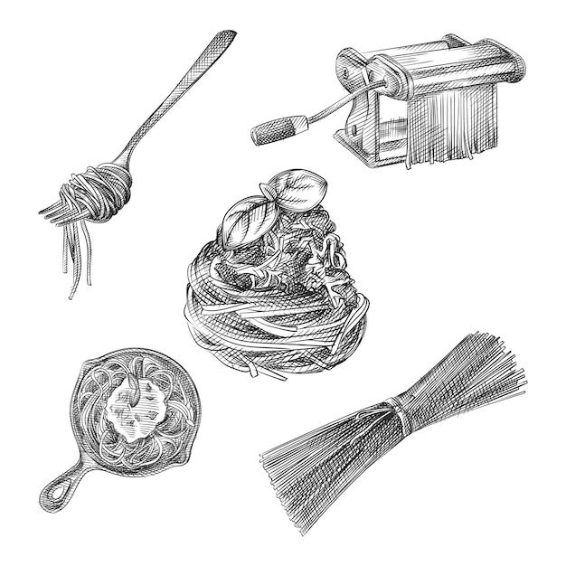 Vector hand-drawn sketch of pasta and spaghetti set. spaghetti rolled on a fork, spaghetti on a pan, raw spaghetti, pasta making machine