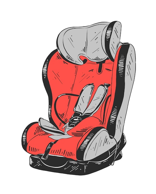 Vector hand drawn sketch of red baby car seat isolated on white background