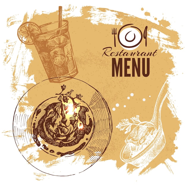 Hand drawn sketch restaurant food set European cuisine menu Vector illustration