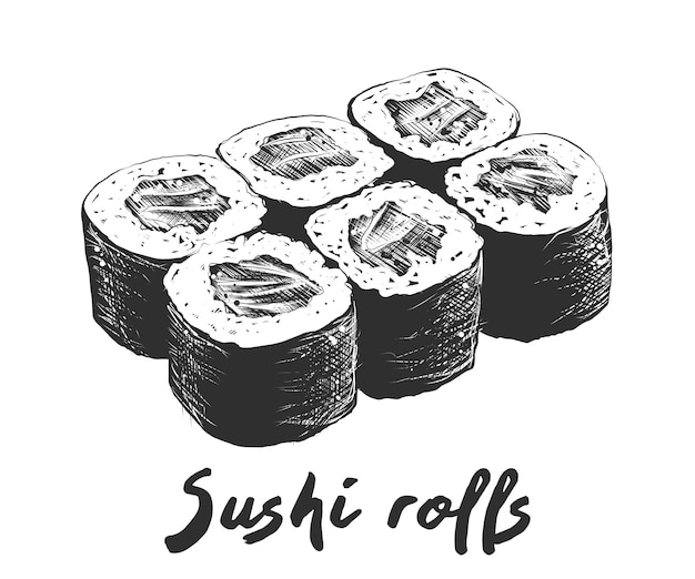 Hand drawn sketch of salmon sushi in monochrome