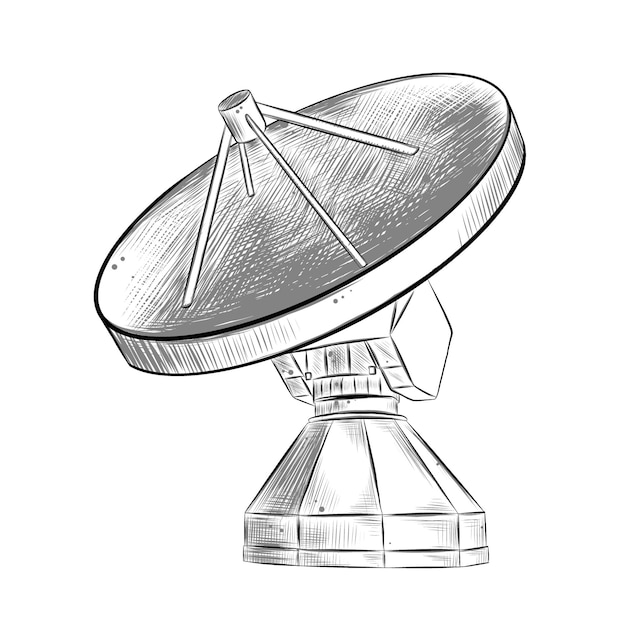 Schizzo disegnato a mano dell'antenna satellitare in bianco e nero isolato
