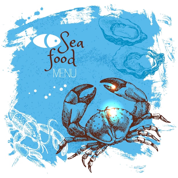 Schizzo disegnato a mano illustrazione vettoriale di frutti di mare sfondo del poster del mare menu design