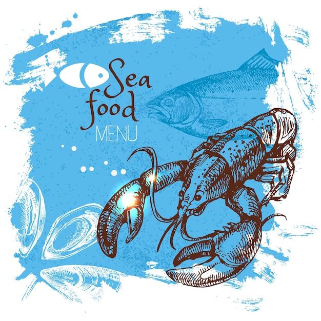 Schizzo disegnato a mano illustrazione vettoriale di frutti di mare sfondo del poster del mare menu design