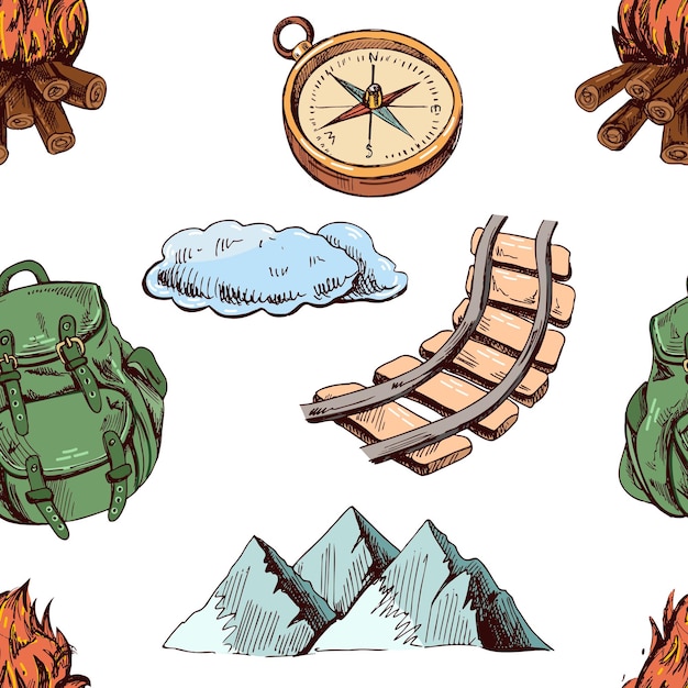 hand drawn sketch seamless pattern of camping icons tourism and camping adventure icons travelling mountains campfire backpack binoculars compass tent