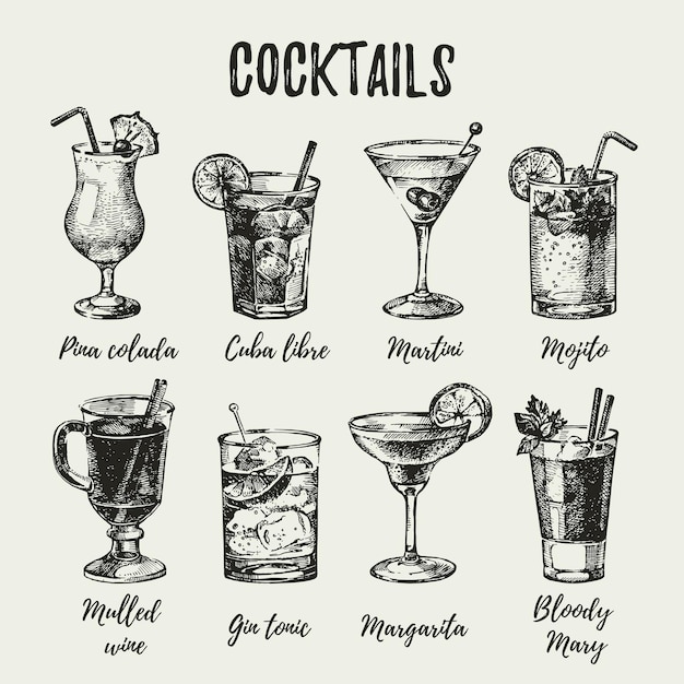 Vector hand drawn sketch set of alcoholic cocktails vintage vector illustration