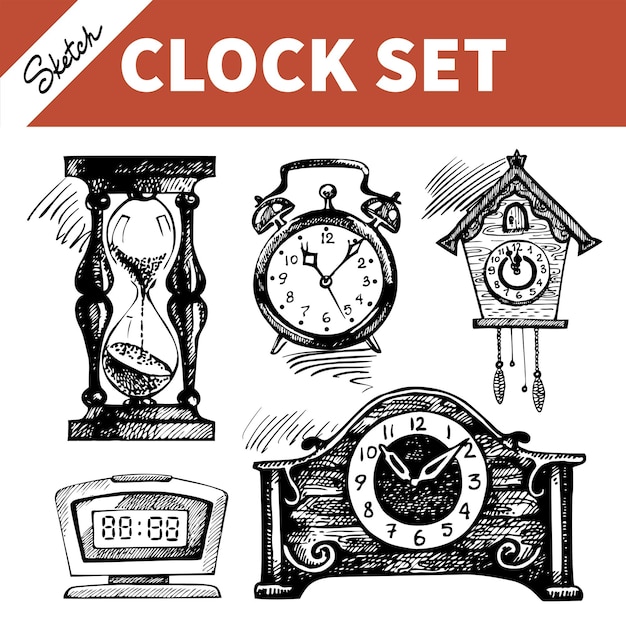 Vector hand drawn sketch set of clocks and watches