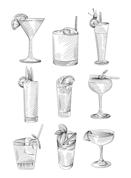 Vector hand drawn sketch set of drinks in cocktail glasses. alcohol beverages. cocktail drink in highball glass, champagne saucer, rocks glass, shot glass, zombie glass, balloon wine glass, martini glass