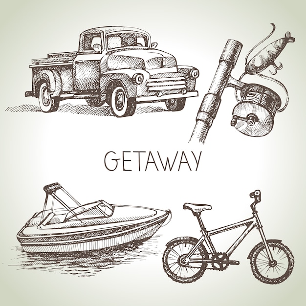 Hand drawn sketch set of family vacation.  illustration