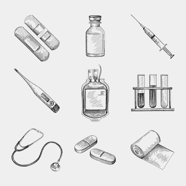 Hand-drawn sketch set of medical patch, plaster, glass bottle, syringe with injection, digital thermometer, blood transfusion bag, medical tubes with liquid, stethoscope, two long pills, bandage roll