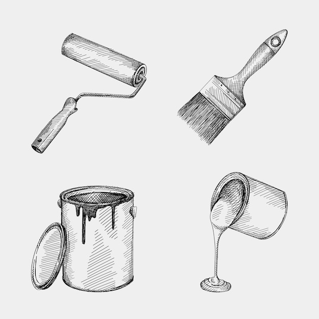 Hand-drawn sketch set of tools for painting walls. Set includes a wall paint roller, an opened paint can with lid neat the can, paint can with paint flowing out of the can, wall paint brush.
