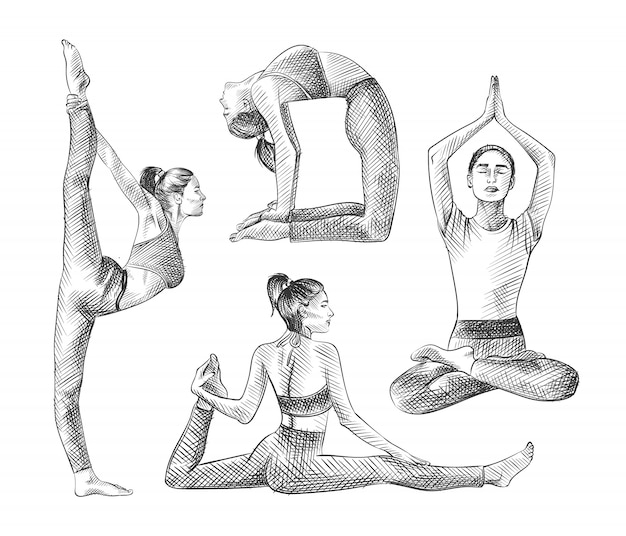 Hand-drawn sketch set of yoga time. Set includes girl in different poses and asans. Camel pose, Monkey or Crooked pose, Lotus pose, Lord of the Dance pose