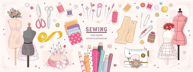 Hand drawn sketch sewing set