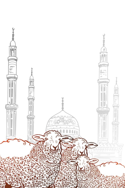 イードアルフィトルのお祝いのバナーに装飾的な三日月と羊とイスラムのモスクの手描きのスケッチ。イスラム教徒の休日へのベクトルイラスト。