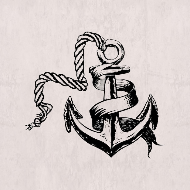 Hand drawn sketch of ship anchor with rope monochrome