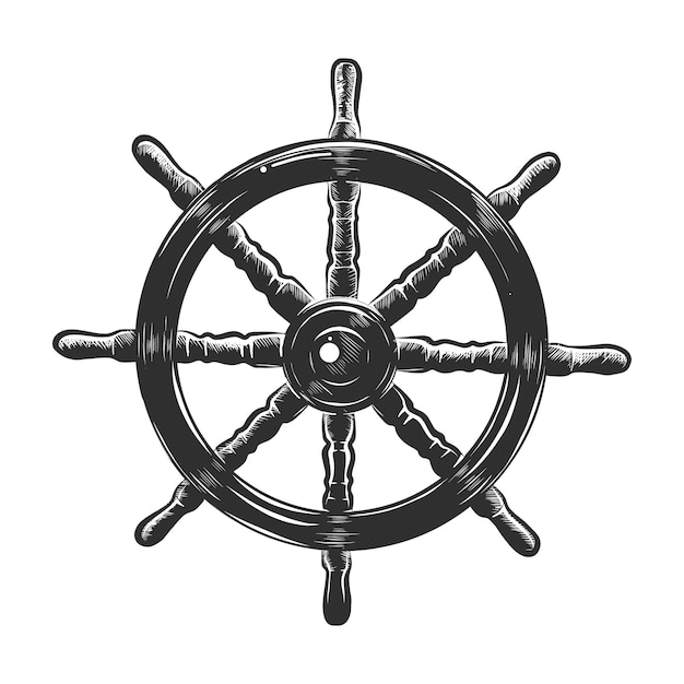 Hand drawn sketch of ship wheel in monochrome 