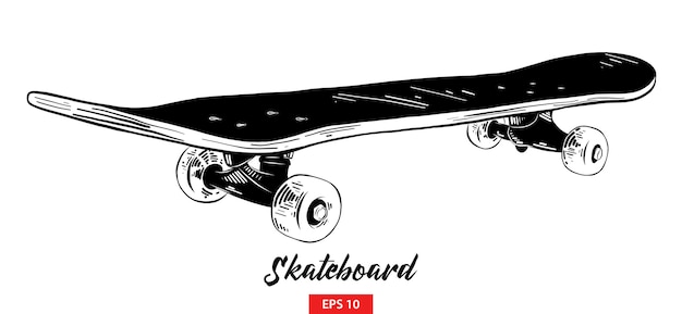 Hand drawn sketch of skateboard in black 