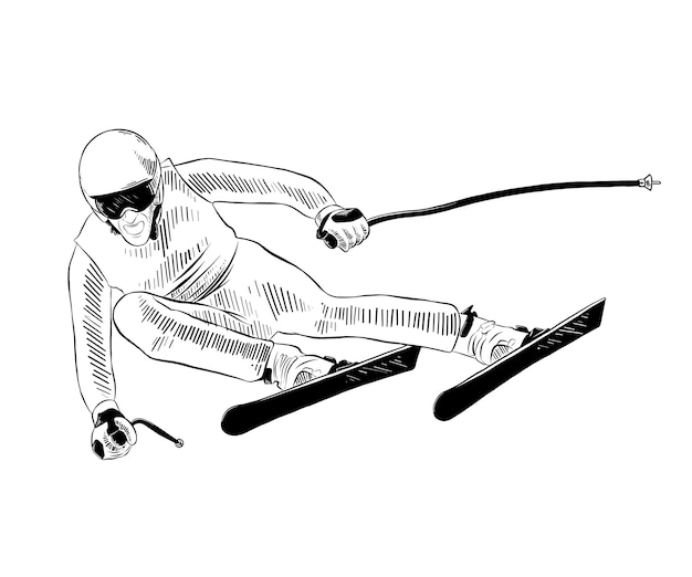 Hand drawn sketch of skier in black