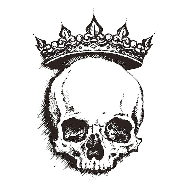 Hand drawn sketch skull with crown tattoo line art vintage vector illustration isolated on white background