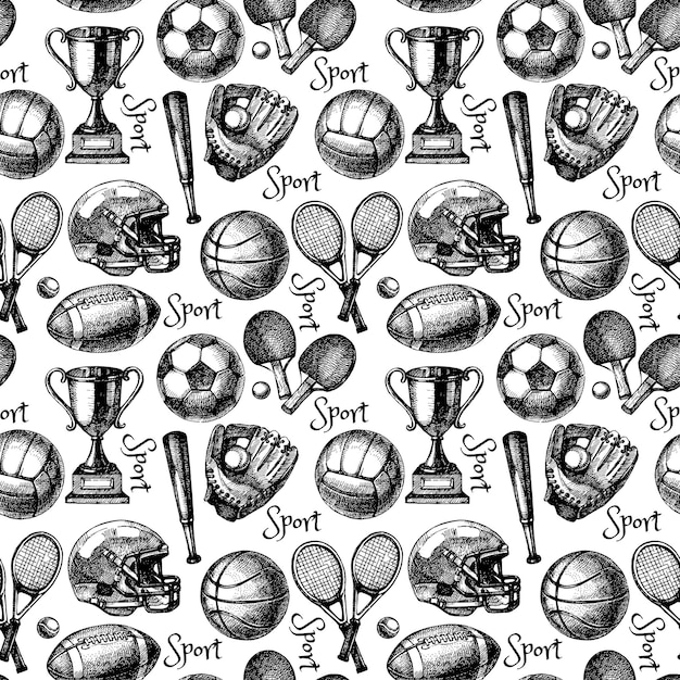 Ручной рисунок бесшовный рисунок спорта с векторной иллюстрацией мячей