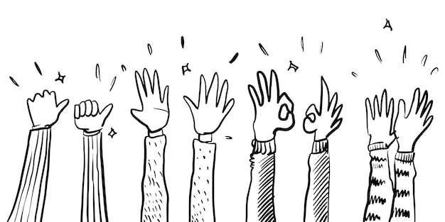 Hand drawn sketch style of applause, thumbs up gesture. human hands clapping ovation. on doodle style, vector illustration.