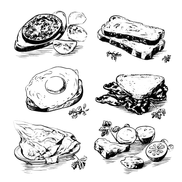 Hand drawn sketch style breakfast ingredients set Toasted bread slices fried eggs and bacon Best for menu designs and packages Vector illustrations