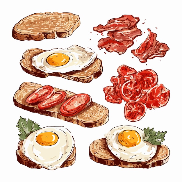 Hand drawn sketch style breakfast ingredients set Toasted bread slices fried eggs and bacon Best for menu designs and packages Vector illustrations