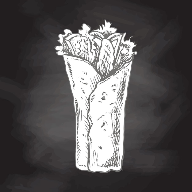 Hand drawn sketch style burrito with vegetables and meat isolated on chalkboard background