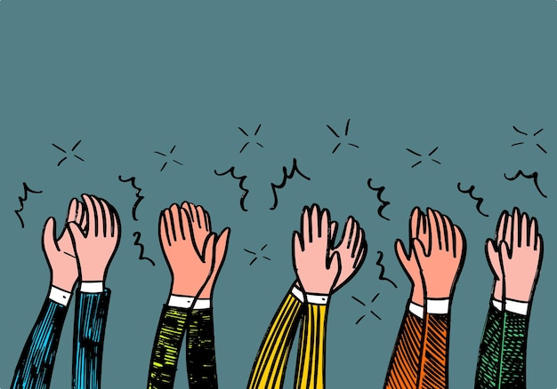 Vector hand drawn sketch style of human hands clapping ovation applause thumbs up gesture on doodle style vector illustration