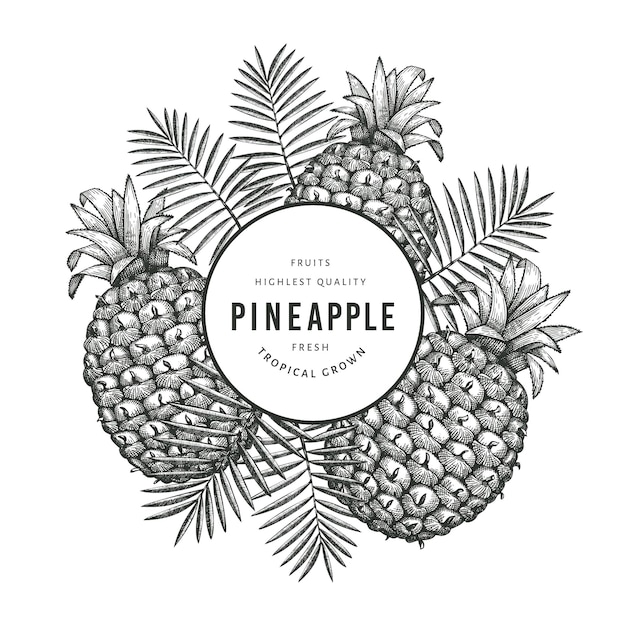 Banner di ananas stile schizzo disegnato a mano. illustrazione di frutta fresca biologica su sfondo bianco. modello botanico in stile inciso.