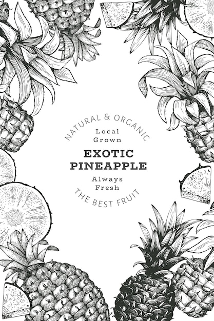 Hand drawn sketch style pineapple banner. Organic fresh fruit vector illustration. Engraved style botanical design template.