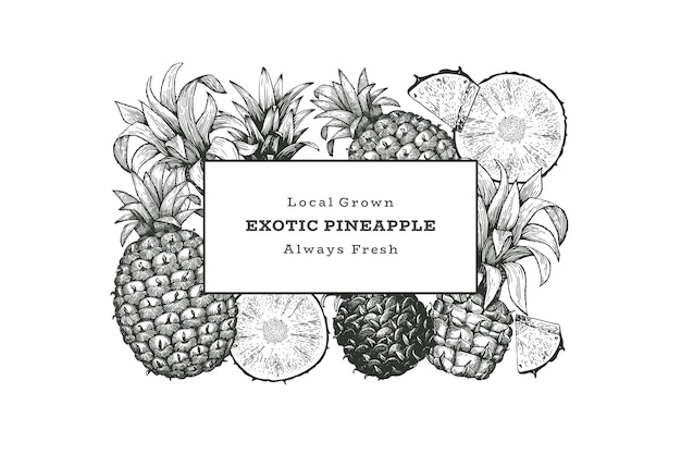 Hand drawn sketch style pineapple . Organic fresh fruit illustration. Engraved style botanical design template.