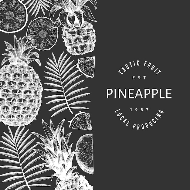 手描きスケッチスタイルパイナップル。チョークボード上の有機の新鮮な果物のイラスト。植物テンプレート。