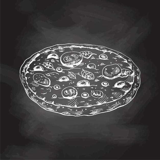 Hand drawn sketch style pizza Margherita isolated on chalkboard background