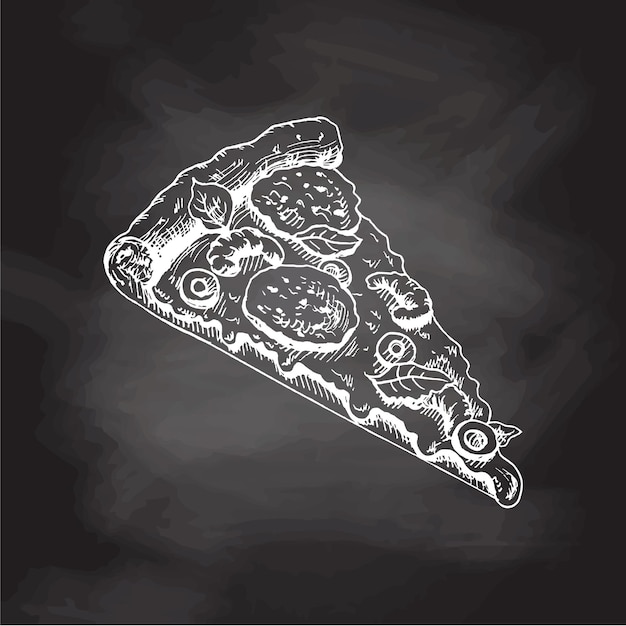 Vector hand drawn sketch style pizza slice isolated on chalkboard background