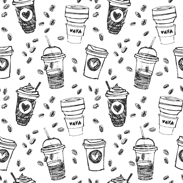 手描きのスケッチスタイルのシームレスなパターンとコーヒーは、ストローとハートのさまざまな形のカップに行くモノクロベクトルの背景