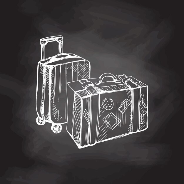 Vector hand drawn sketch of suitcases isolated on chalkboard background