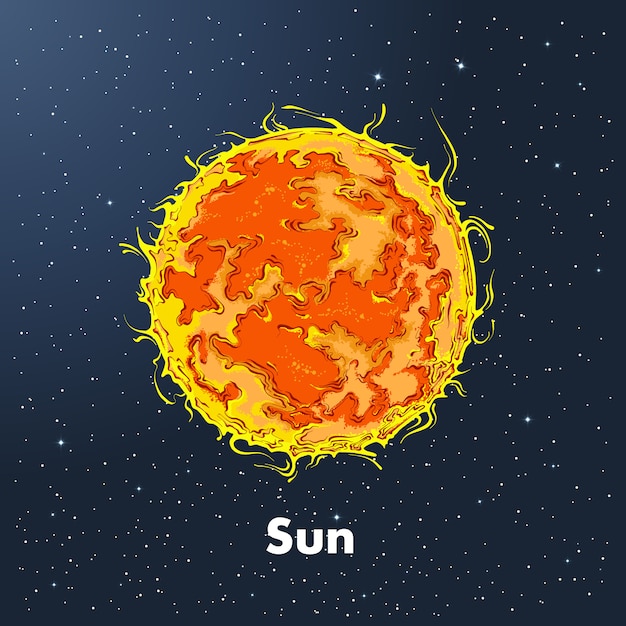 Schizzo disegnato a mano del sole a colori, su uno sfondo di spazio.