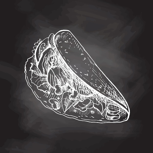 Vector hand drawn sketch of taco isolated on chalkboard background