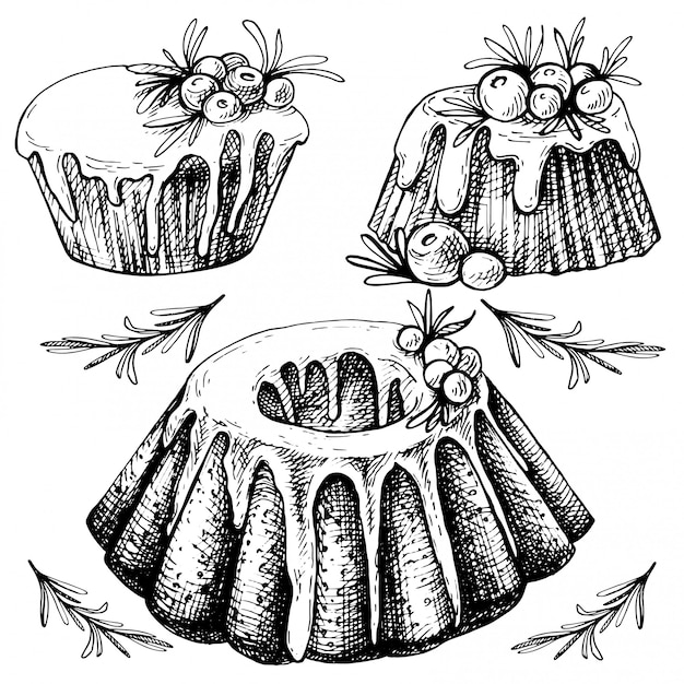 Schizzo disegnato a mano di cibo tradizionale di natale, torta.