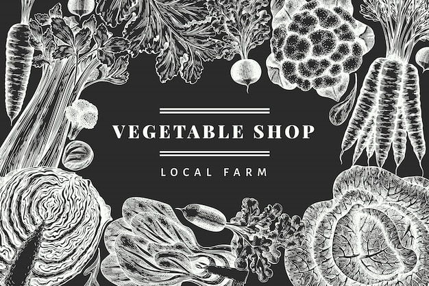 Hand drawn sketch vegetables design. Organic fresh food  banner template. Retro vegetable background. Engraved style botanical illustrations on chalk board.