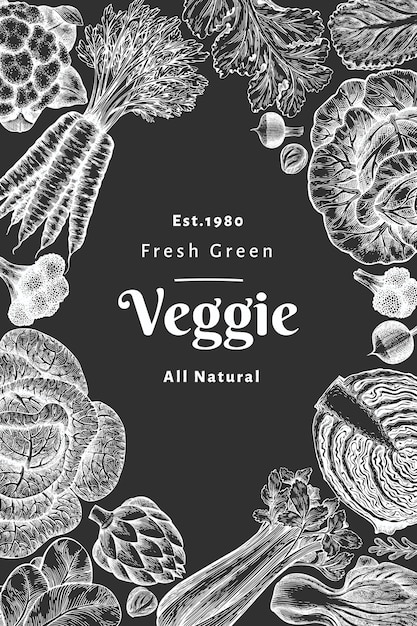 Vector hand drawn sketch vegetables . organic fresh food  banner template. retro vegetable background. engraved style botanical illustrations on chalk board.