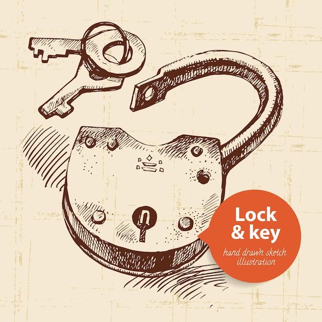 Vector hand drawn sketch vintage lock and key banner. vector illustration