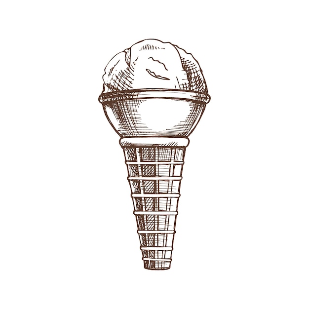 Vector a hand drawn sketch of a waffle cone with frozen yogurt or ice cream