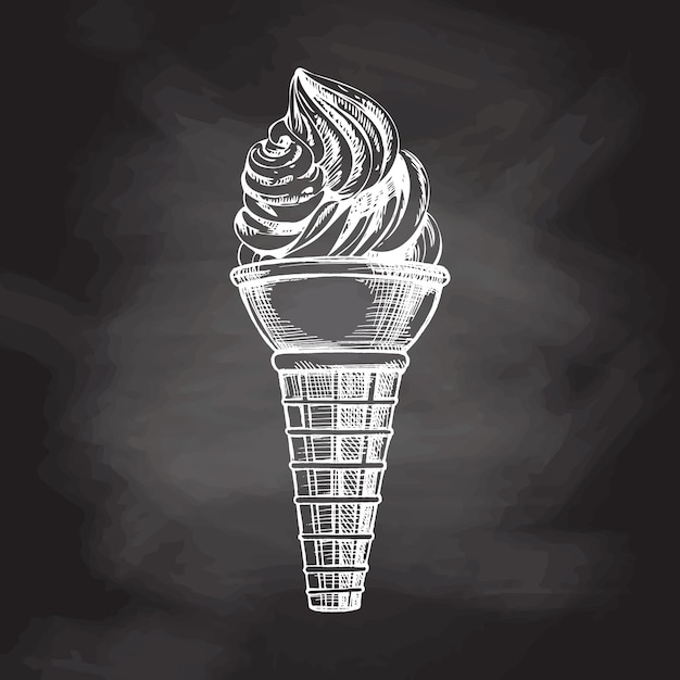 Vector a hand drawn sketch of a waffle cone with frozen yogurt or soft ice cream on chalkboard background